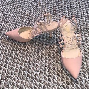 Taupe low heels, ankle tie